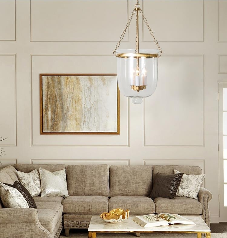 โคมไฟแขวนเพดานแก้วใสทรงโถโครงเหล็กสีทอง ไฟทรงแท่งเทียน 3 ดวง สไตล์ American Modern [GC3522]