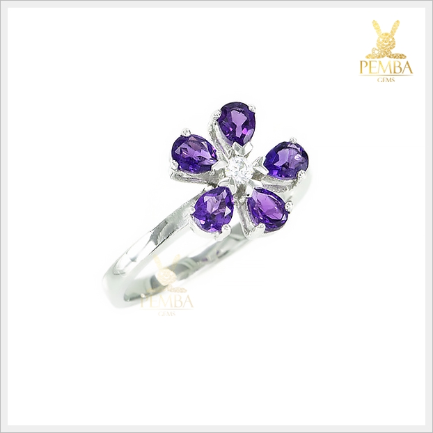 แหวนอเมทิสต์แท้ อัญมณีสีม่วงสดใส ดีไซน์ดอกไม้ทรงหยดน้ำ