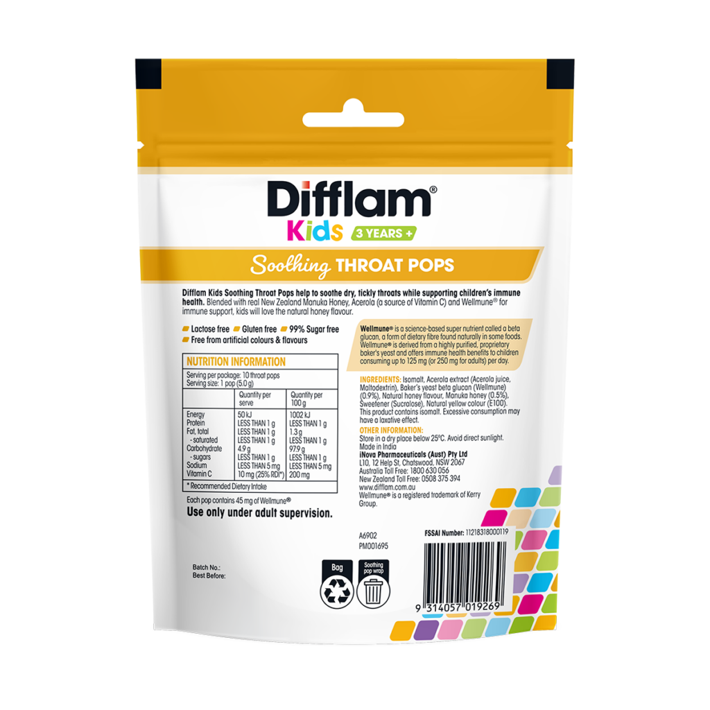 อมยิ้มเสริมภูมิคุ้มกันพร้อมบรรเทาอาการไอสำหรับเด็ก Difflam Kids Soothing Throat Pops