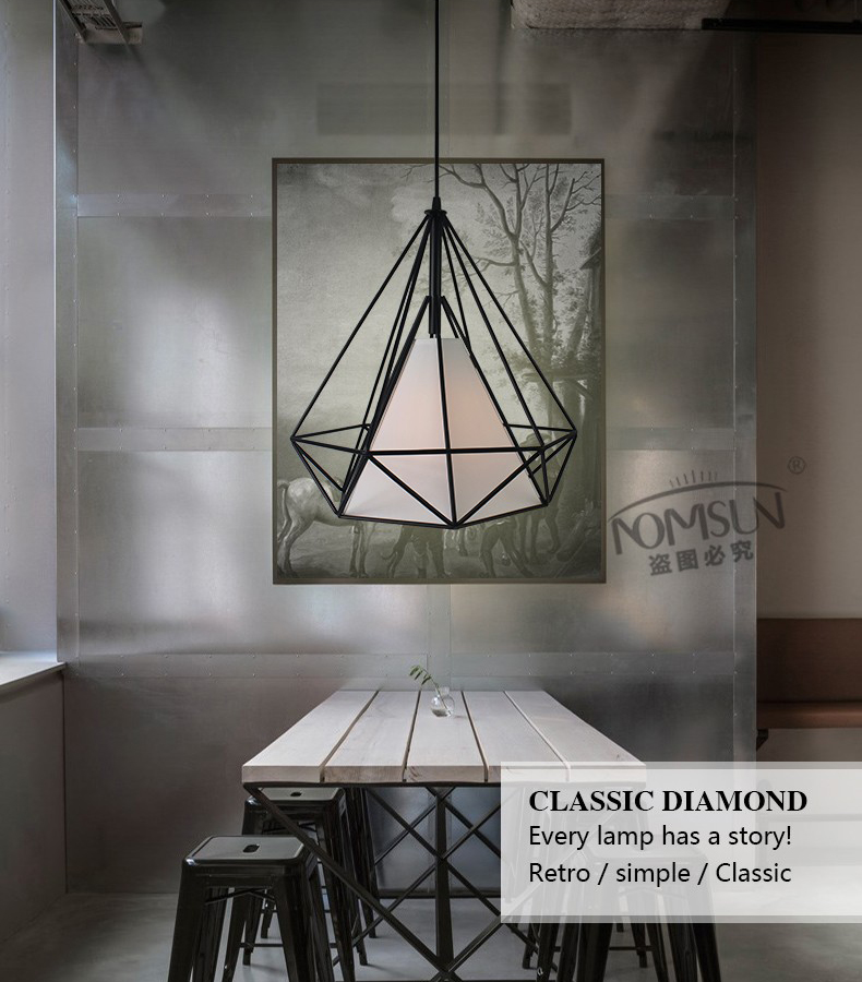 โคมไฟห้อยเพดานเหล็กดัด อเมริกัน โมเดิร์น ทรงเพชร สีดำ