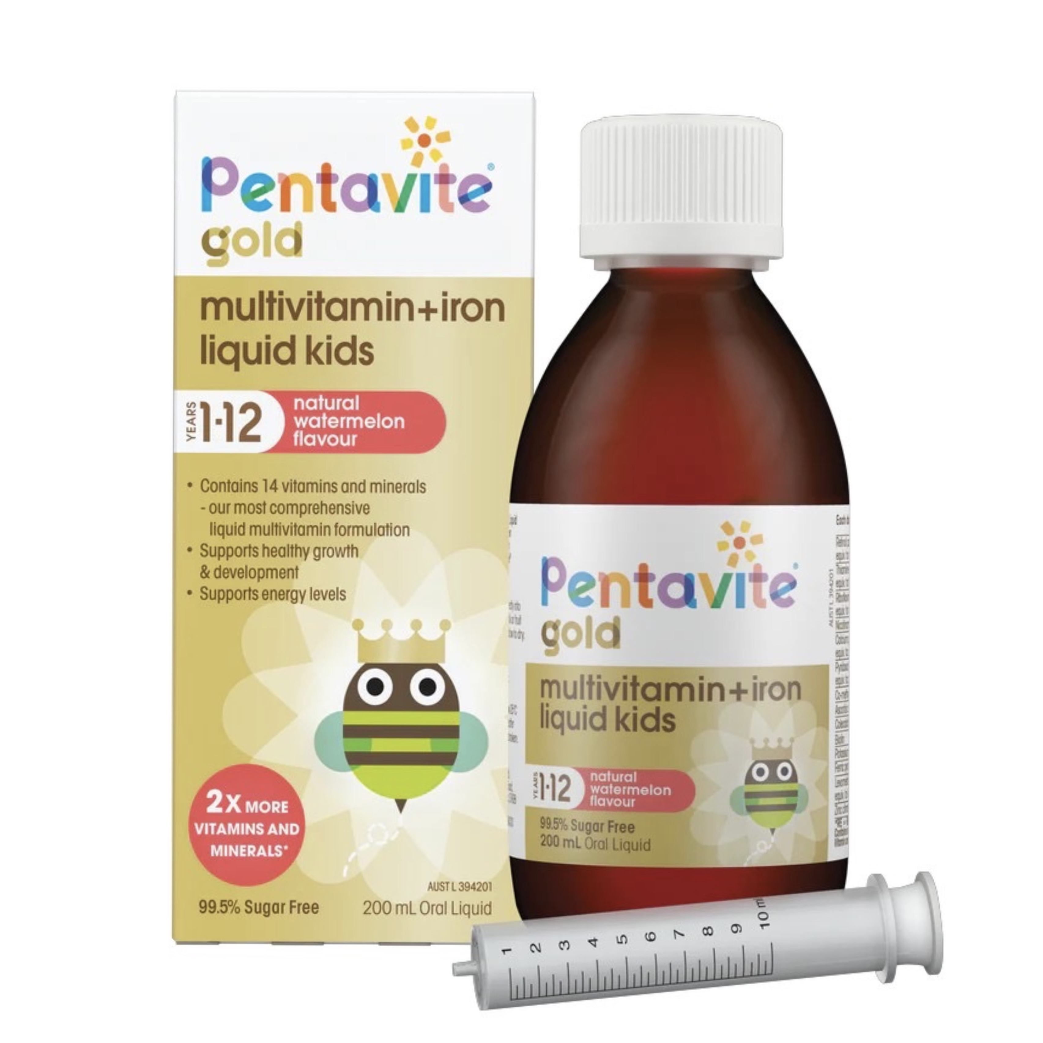 วิตามินรวมเสริมธาตุเหล็กสำหรับเด็กสูตรเข้มข้น Pentavite Gold Multivitamin + Iron Liquid Kids (200mL)