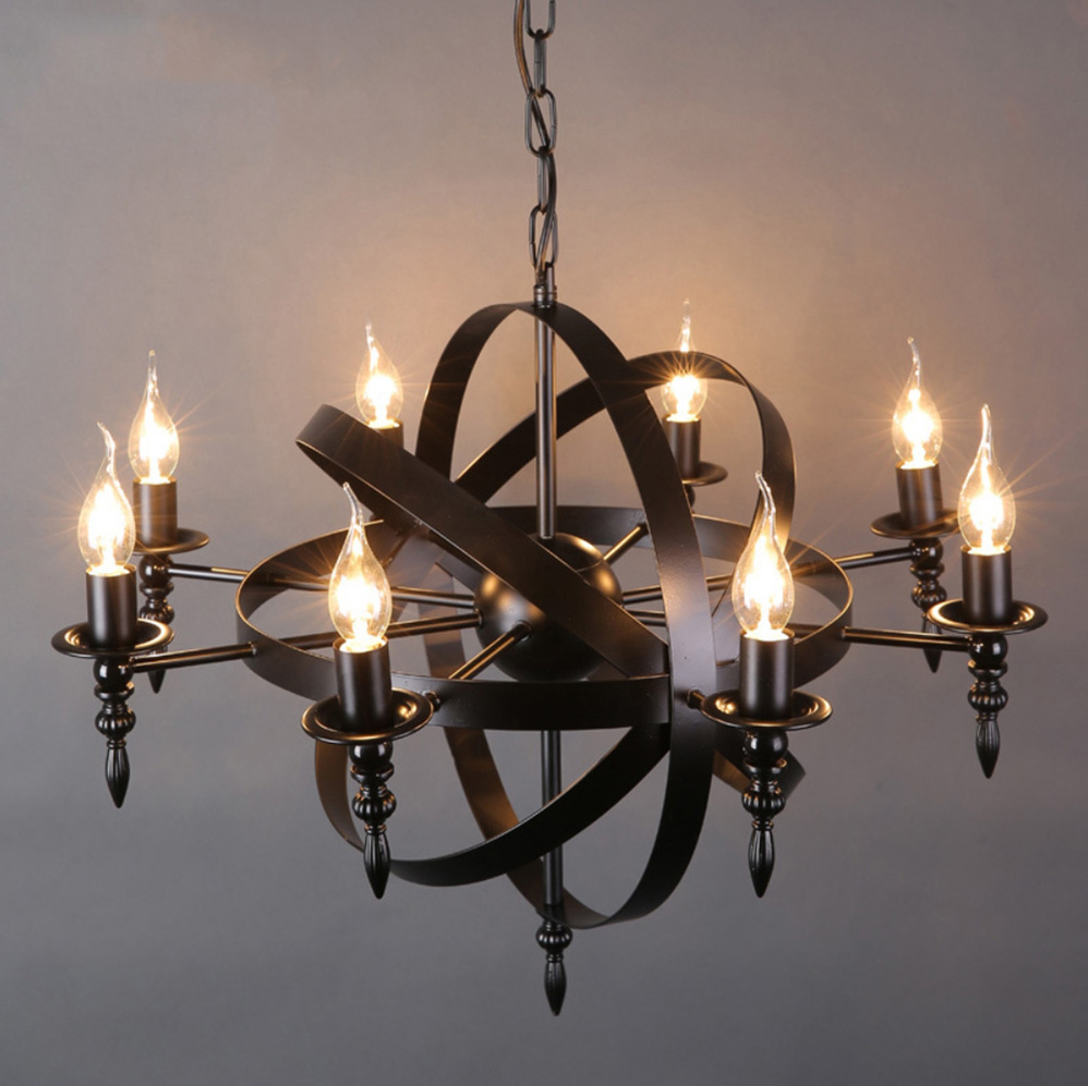 โคมไฟแขวนเพดานเหล็กดัดวงแหวนทรงกลมตกแต่งก้านลายแท่งเทียนสไตล์ Industrial [W8715]