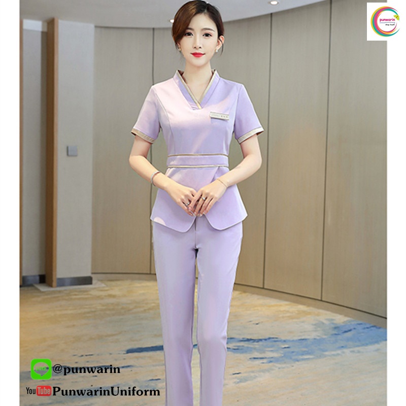 ชุดพนักงานนวดสปา ชุดพนักงานเสริมสวย ชุดพนักงานคลีนิคความงาม คลีนิคศัลยกรรม S6503004 สีภาพ S-3XL