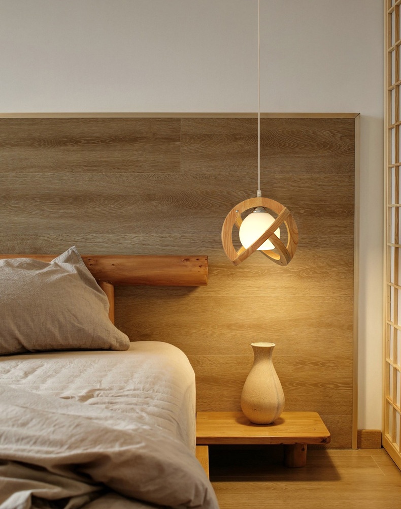 โคมไฟแขวนเพดานสไตล์ไม้ญี่ปุ่นลายเส้นทรงกลมมีแก้วสีขาวนมซ้อนด้านใน [M5601]