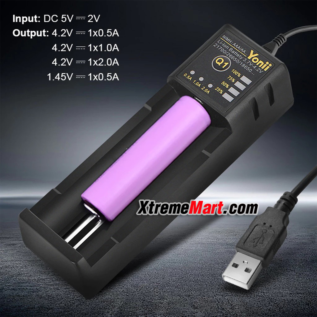 เครื่องชาร์จอัจฉริยะ Yonii Q1 USB 1ช่อง รองรับแบตเตอรี่ Ni-MH 1.2V และ Li-ion 3.7V AAA, 18650, 21700. 26650 และอื่นๆ