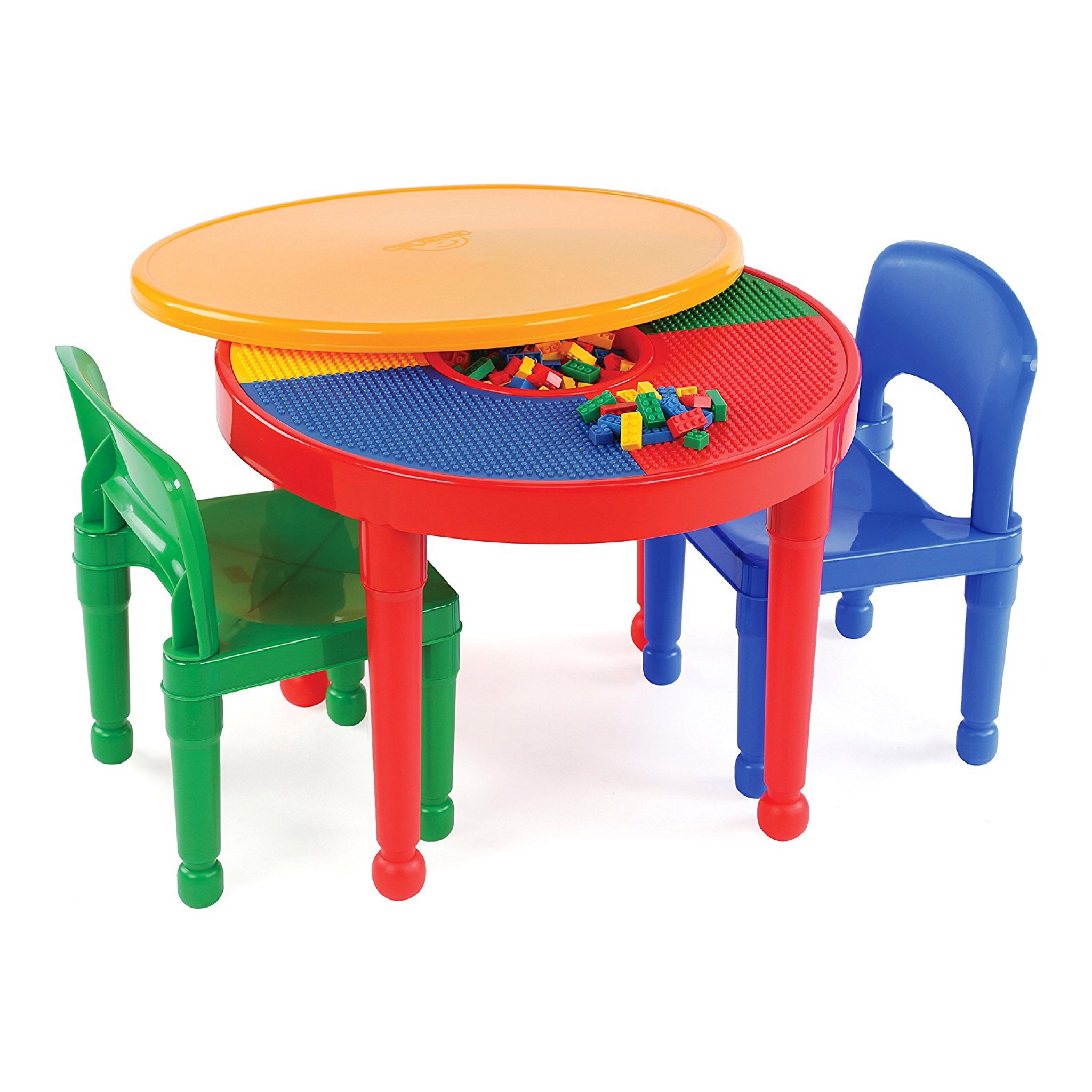 โต๊ะเลโก้เอนกประสงค์ทรงกลม Tot Tutors 2-in-1 Plastic LEGO Compartible Activity Table & 2 Chairs Set - Primary Colors