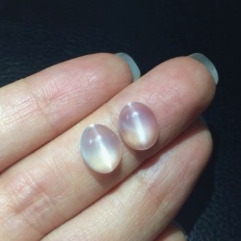 Moonstone (Cat's Eye) พลอยมูนสโตน แคทอาย รูปไข่หลังเบี้ยคู่ น้ำหนักรวม 5.03 กะรัต พื้นสีขาวขุ่น ถ้านำไปอยู่กลางแดดหรือแสงไฟ จะเห็นแคทอายพาดกลางเม็ด