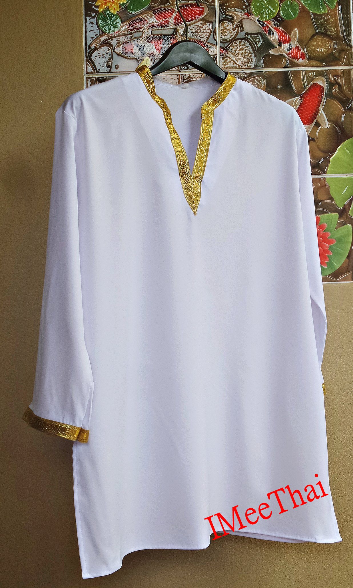 เสื้อ มนต์พิธี ดิ้นแถบสีทอง สีขาวแขนยาว