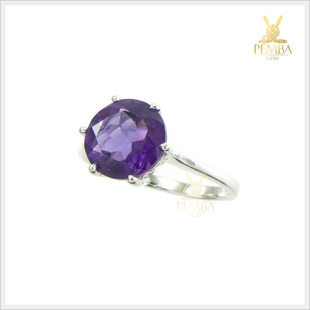 แหวนอเมทิสต์แท้ ทรงกลม เงินแท้925 ชุบทองคำขาว แหวนพลอยแท้