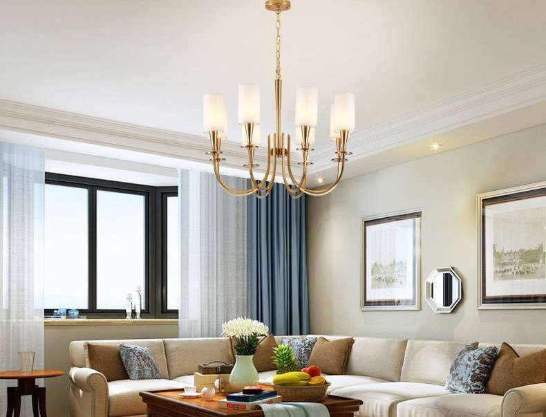 โคมไฟระย้าโครงสีทองทรงก้านโค้งโป๊ะผ้าทรงกระบอกยาวสีขาว[T014]