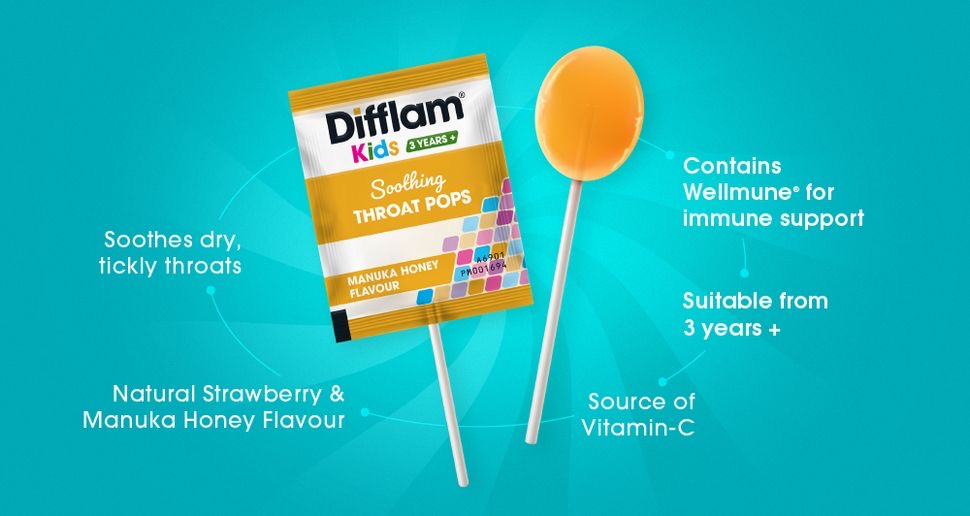 อมยิ้มเสริมภูมิคุ้มกันพร้อมบรรเทาอาการไอสำหรับเด็ก Difflam Kids Soothing Throat Pops