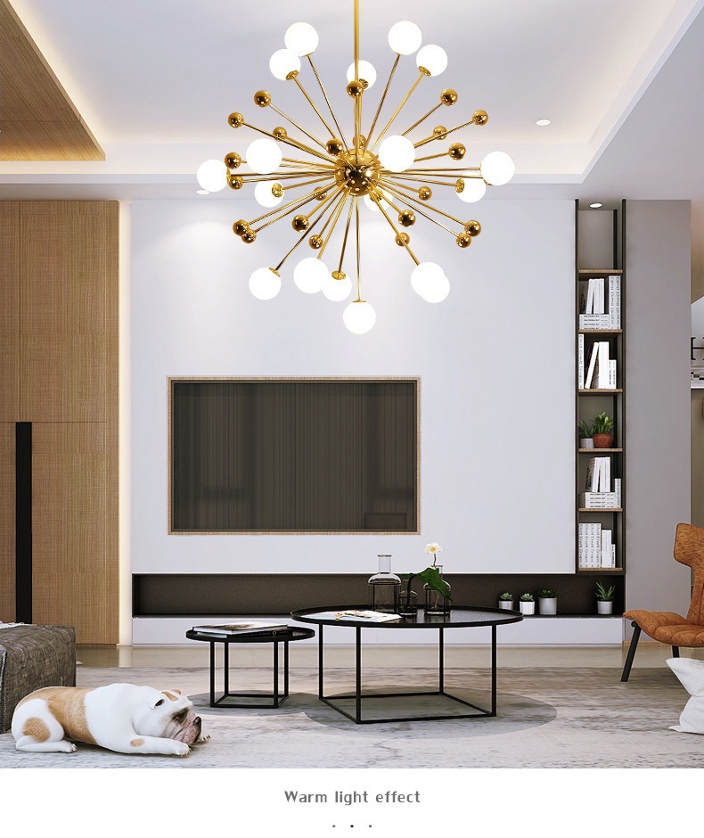 โคมไฟแขวนเพดานโครงสีทอง ทรง Dandelion โป๊ะแก้วสีขาวกลม สไตล์ Northern Europe