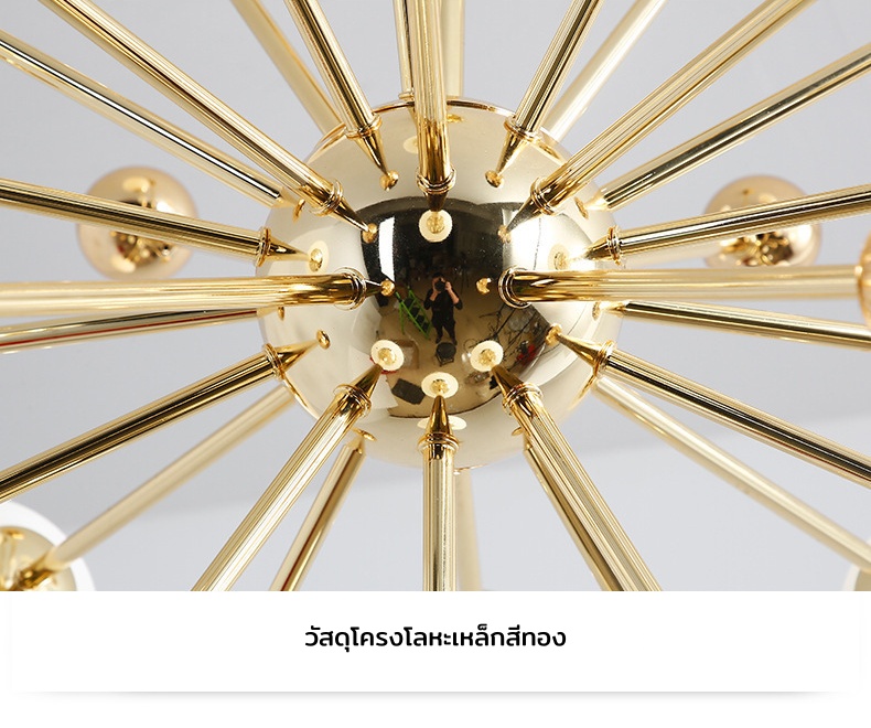 โคมไฟแขวนเพดานโครงสีทอง ทรง Dandelion โป๊ะแก้วสีขาวกลม สไตล์ Northern Europe