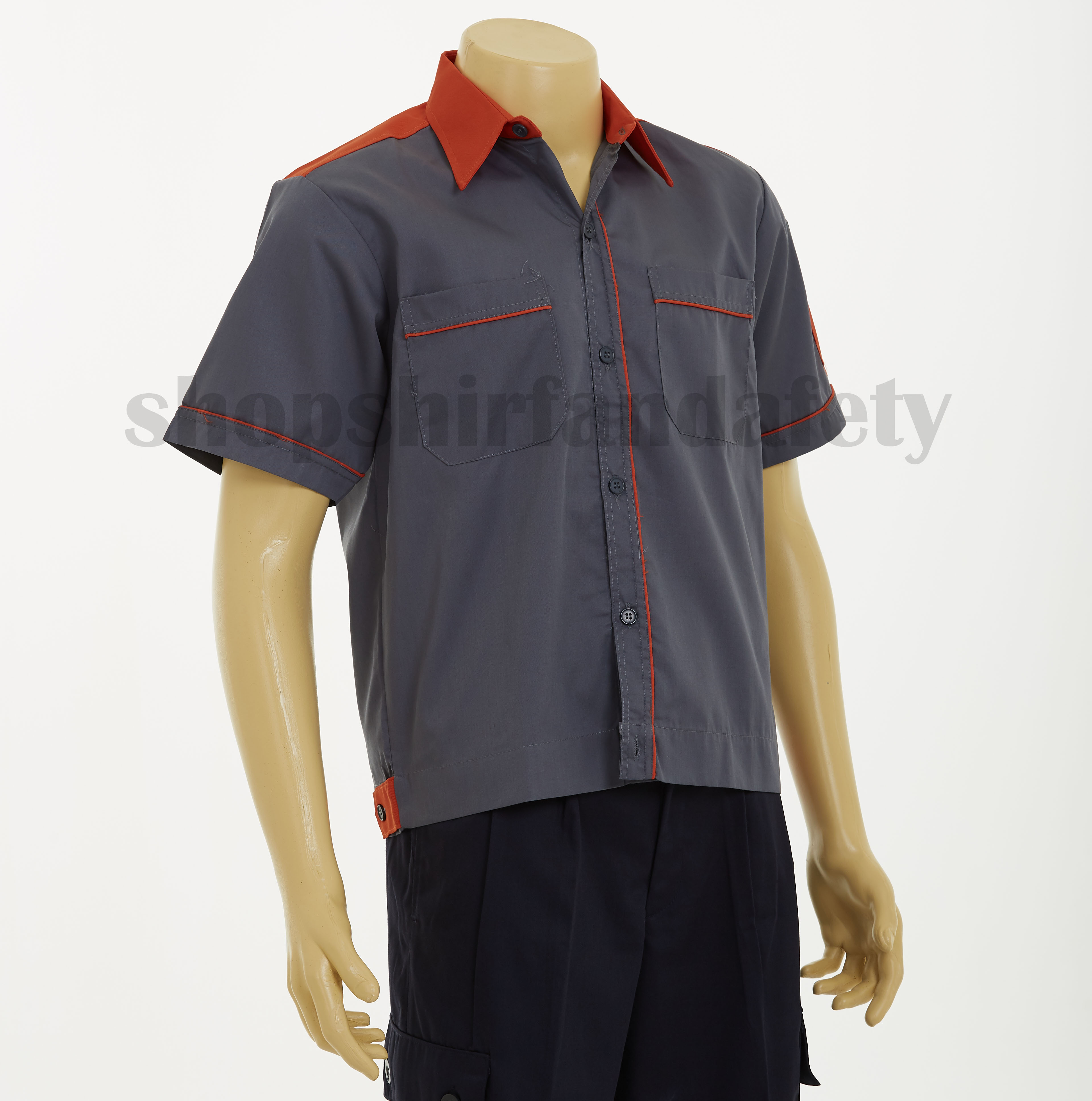 เสื้อช็อปแขนสั้นแบบเทาบ่าส้ม