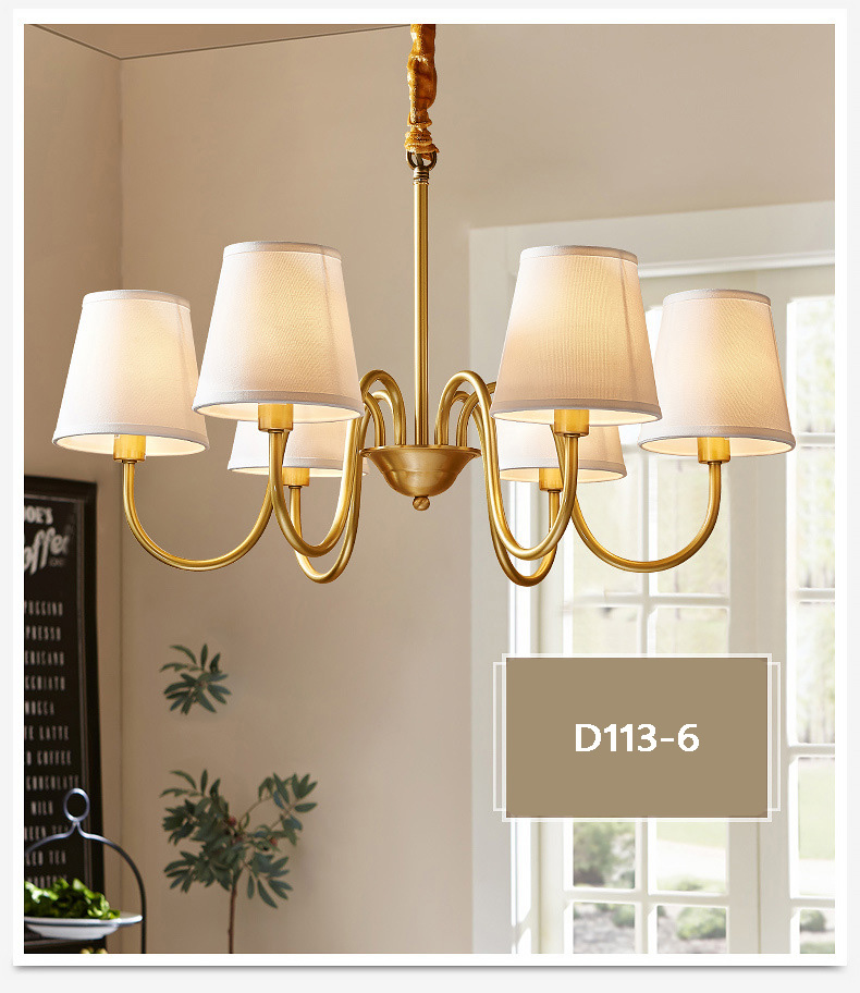 โคมไฟระย้าโครงสีทองเหลืองโป๊ะผ้าสีขาวทรงดอกเห็ดสไตล์ยุโรป [D113]