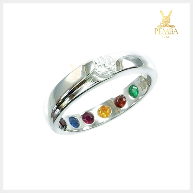 แหวนนพเก้าแท้ ตามตำราโบราณ เงินแท้925 ชุบทองคำขาว ฝังใต้ท้องแหวน