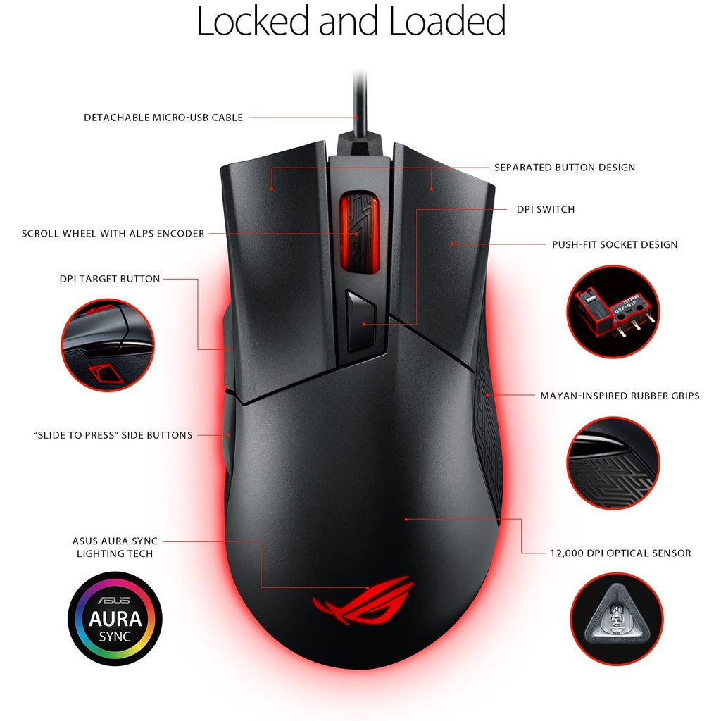 ASUS Optical Gaming Mouse - P502 ROG Gladius II | Ergonomic Right-hand Grip | PC Gaming Mouse