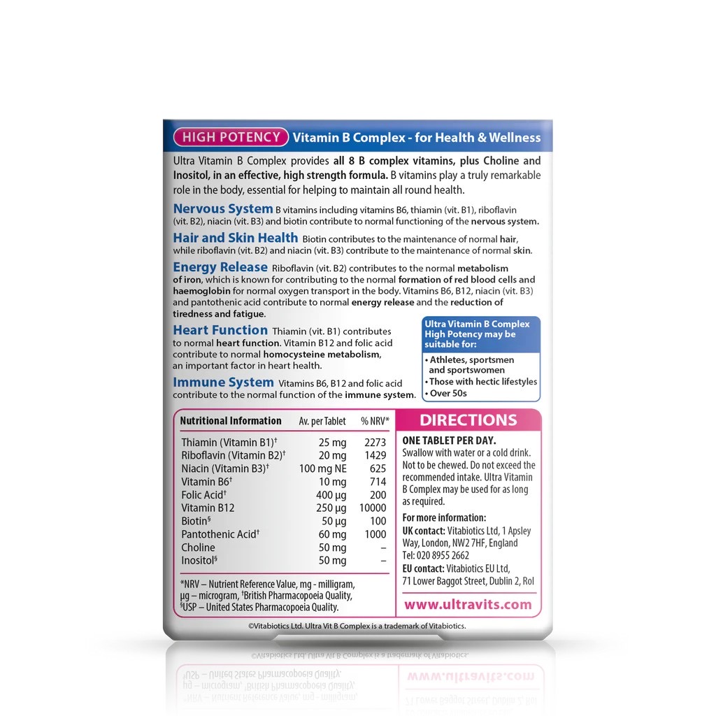 วิตามินบีชนิดเม็ดสำหรับผู้ใหญ่ Vitabiotics Ultra Vitamin B Complex High Potency (60 Tablets)