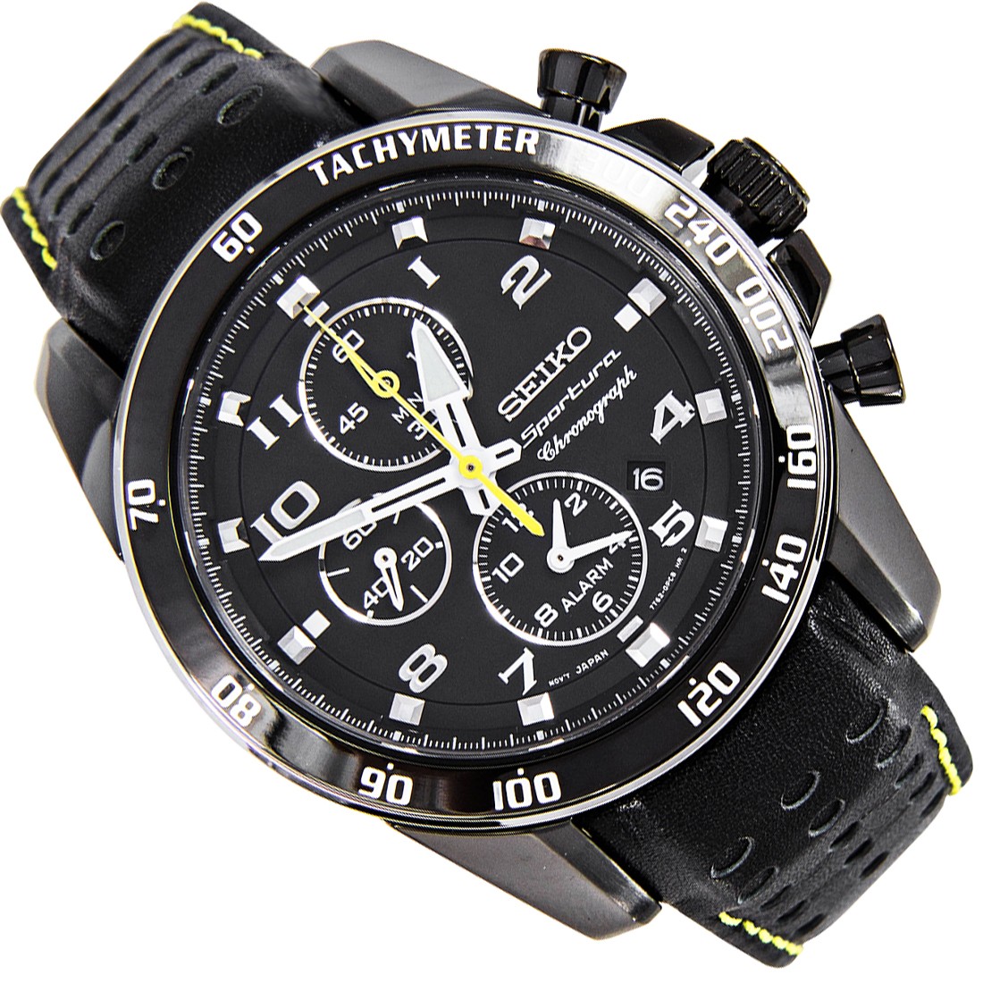 Seiko Sportura Black Dial Black Leather Band Mens Watch SNAE67P1