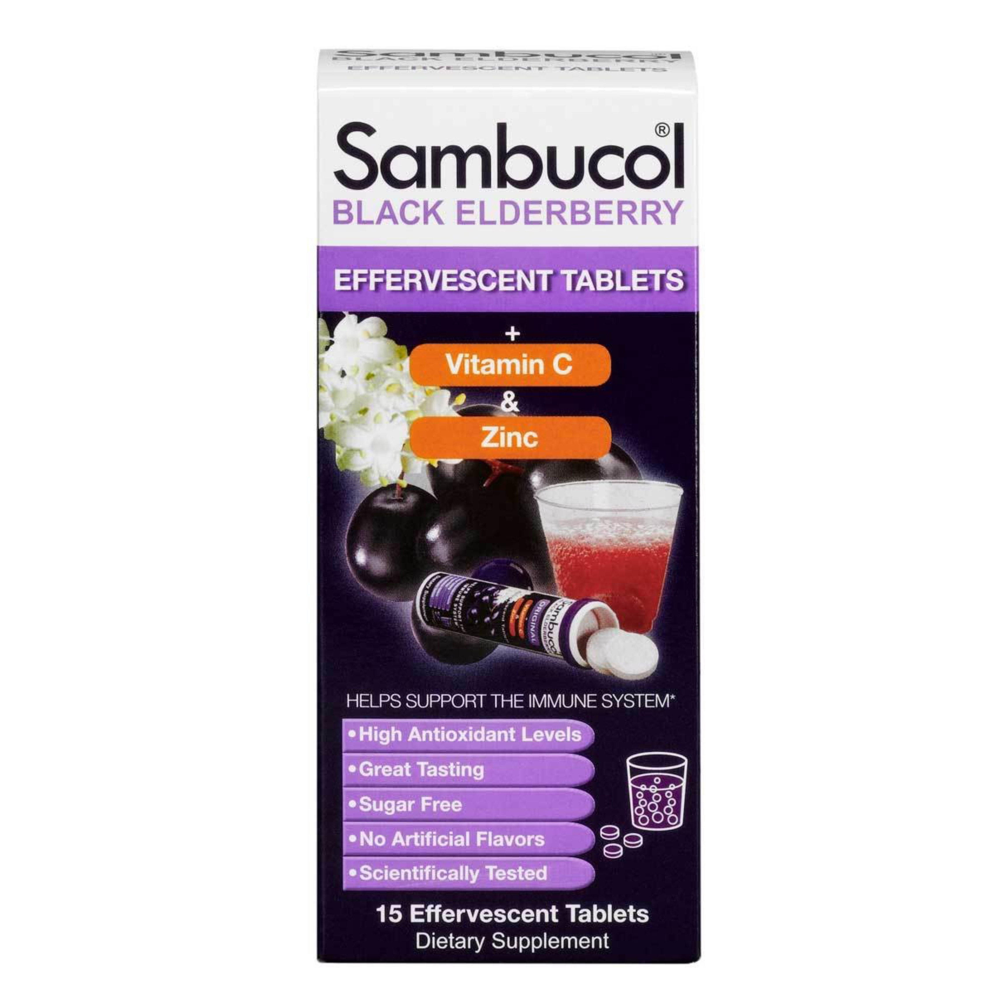 วิตามินเสริมภูมิคุ้มกันชนิดเม็ดละลายน้ำ Sambucol Black Elderberry Effervescent Tablets + Vitamin C & Zinc