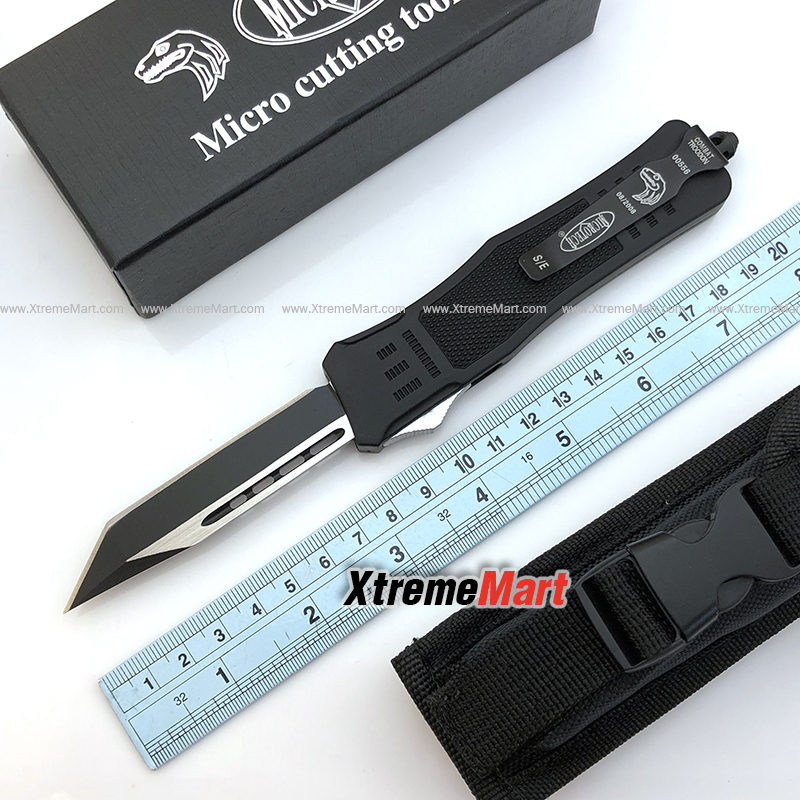 มีดสปริงตรง Microtech ขนาดกลาง ใบ Tanto คมด้านเดียว Combat Troodon 00556 D/E Automatic Knife Camping Tool สำเนา