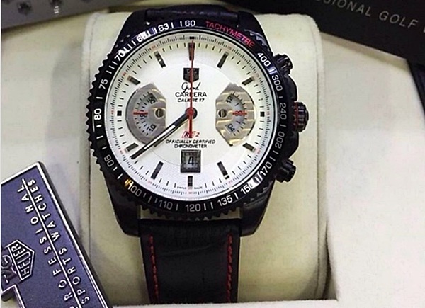 นาฬิกา Tag Heuer รุ่น Grand Carera Calibre 17 RS2 PVD เกรด Mirror สีดำ สายหนังสีดำเดินด้ายสีแดง หน้าปัดสีขาว