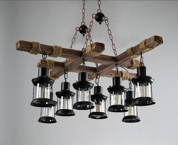 โคมไฟแขวนเพดานไม้เนื้อแข็ง Retro Industrial 8 ดวง [BN1020A-8]