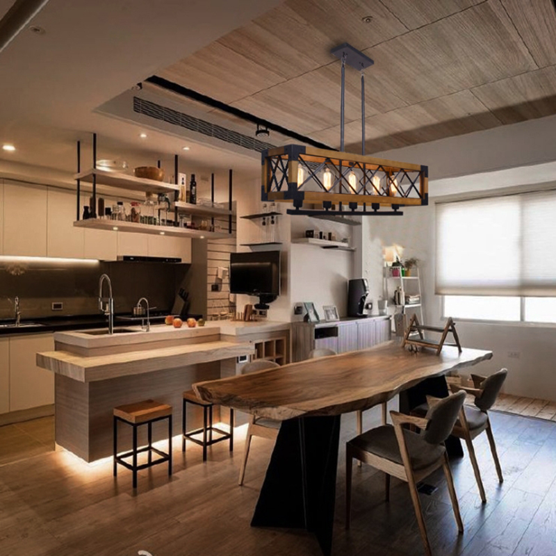 โคมไฟแขวนเพดานสไตล์ลอฟท์ไม้เหล็กทรงยาวไฟ 5 ดวง [D5002-5]