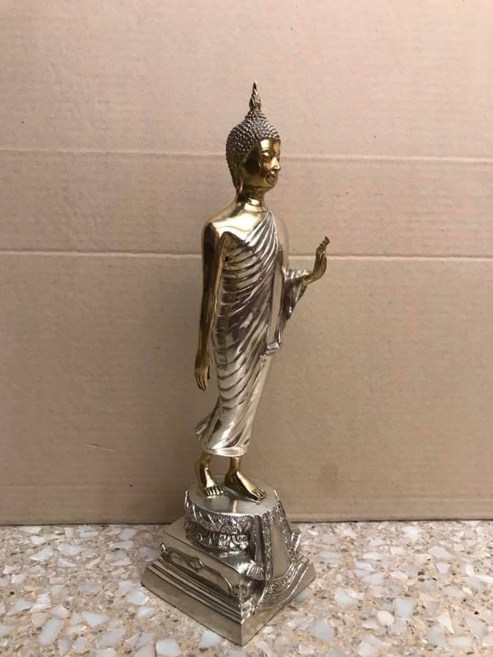 รูปหล่อ พระบูชา พระพุทธรูป ทรงยืน ปางลีลา ประทานพร (ความสูง15นิ้ว) เนื้อทองเหลือง สี2กษัตริย์