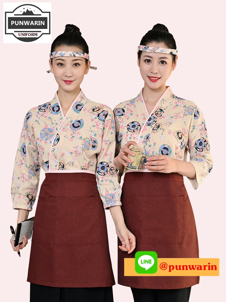 ชุดซูชิกิโมโนสไตร์ญี่ปุ่นเสริฟ สำหรับห้องอาหารญี่ปุ่นเกาหลีจีน เสื้อเชฟ พ่อครัว บริกร เสื้อซูชิ G6505011 สีภาพ S-2XL