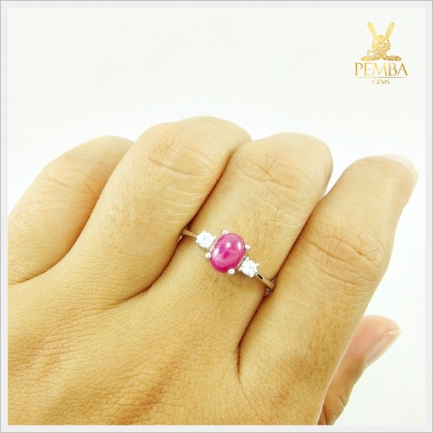 แหวนทับทิมแท้ ทรงหลังเบี้ย เงินแท้925 ชุบทองคำขาว แหวนพลอยแท้