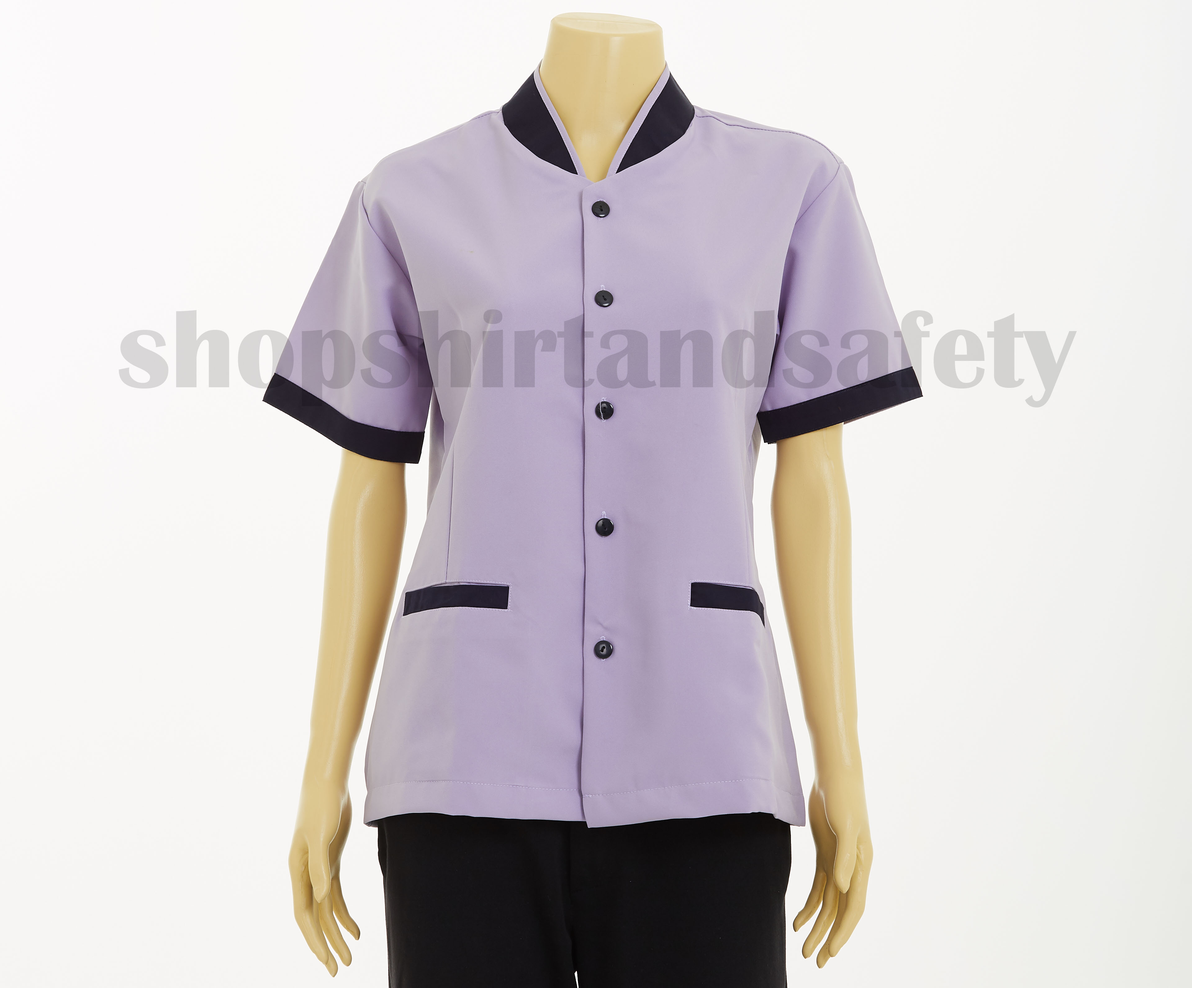 เสื้อแม่บ้านแขนสั้นคอจีนแบบม่วงปกกรมท่า