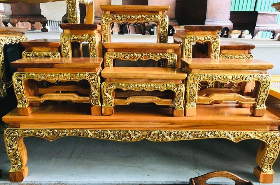 โต๊ะหมู่บูชา (หมู่9หน้า4) - (ไม้สัก แต่งลงลายดิ้นทอง)