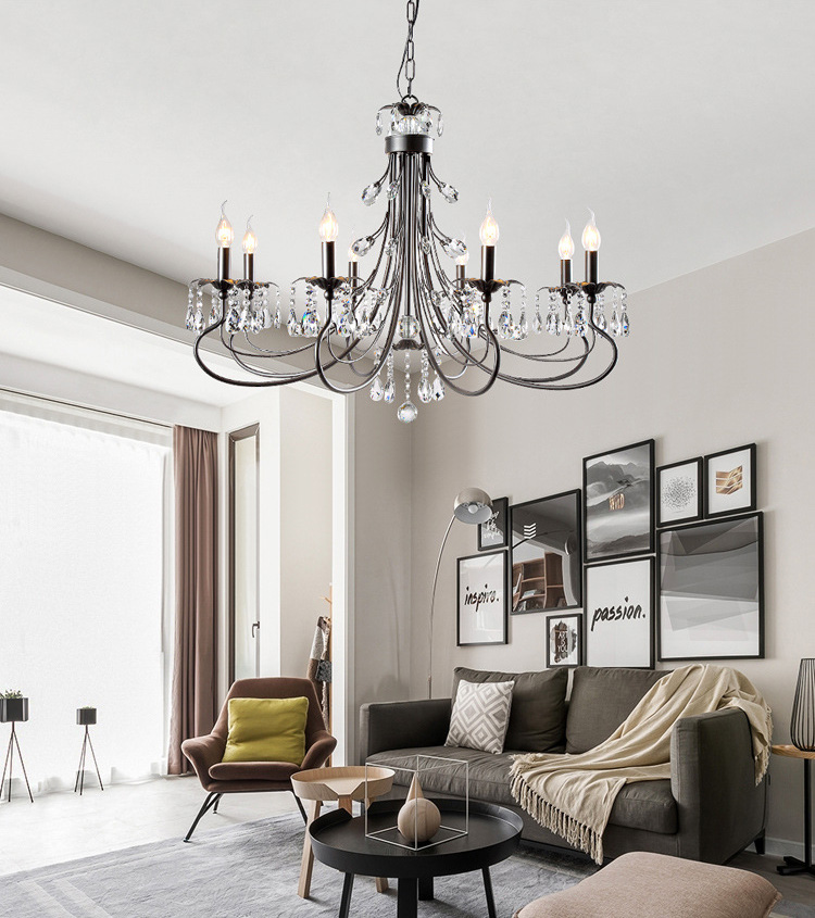 โคมไฟระย้าเหล็กดัดสีดำดวงไฟลายแท่งเทียนตกแต่งคริสตัลสไตล์อเมริกันโมเดิร์น [XD1176]