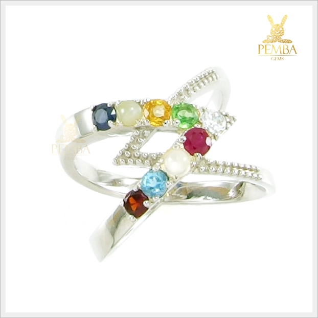 แหวนนพเก้า ตามตำราโบราณ เงินแท้925 ชุบทองคำขาว แหวนพลอยแท้