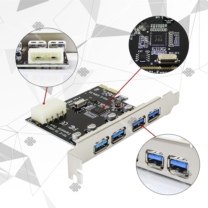 Elit การ์ด USB 3.0 PCI-E 4 พอร์ต การ์ด PCI-E ความเร็ว 5Gbps PCI-E to USB 3.0 4 Port PCI Express Expansion Card 15-Pin Power Connector