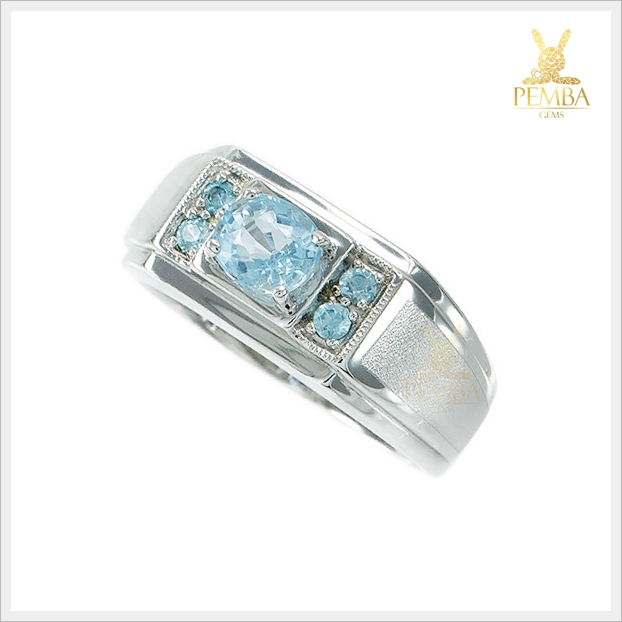 แหวนอะความารีนแท้ เงินแท้925 ชุบทองคำขาว อัญมณีสีฟ้าสวยใสดั่งน้ำทะเล