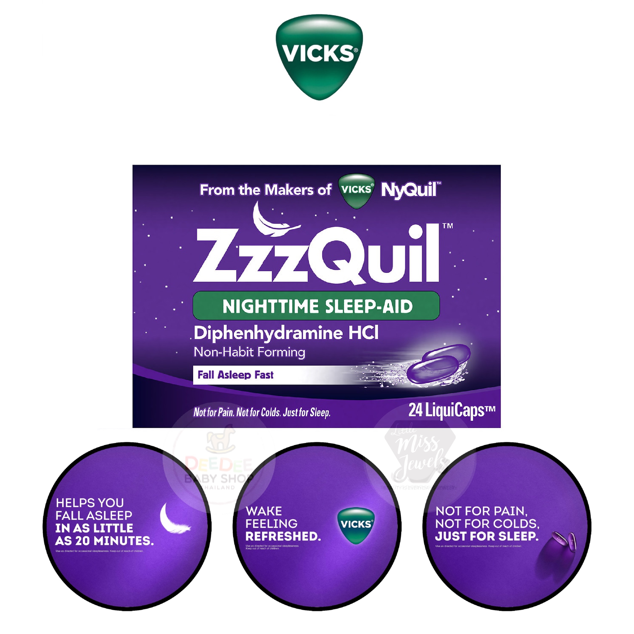 วิตามินเสริมการนอนหลับสำหรับเด็กโตและผู้ใหญ่ Vicks ZzzQuil Nighttime Sleep-Aid LiquiCaps (24 LiquiCaps)