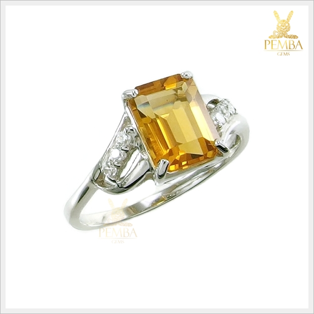 แหวนซิทรินแท้ ทรงสี่เหลี่ยม เงินแท้925 ชุบทองคำขาว แหวนพลอยแท้