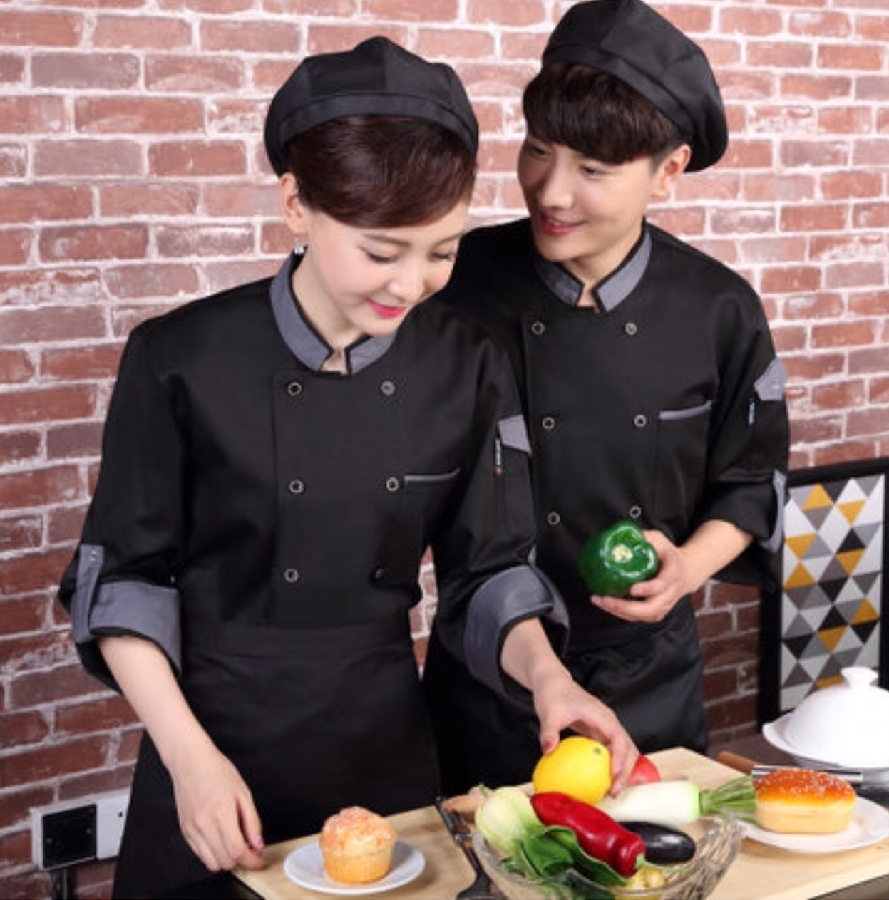 เสื้อเชฟ เสื้อพ่อครัว เสื้อแม่ครัว เสื้อพนักงานทำอาหาร เสื้อกุ๊ก C6203018 สีขาว ดำ แดง M-3XL