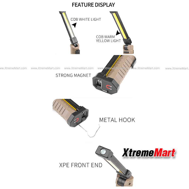 ไฟฉายโคมพับได้ COB Work Lights แสงขาว + แสงเหลือง + แสงแดง หมุนได้ 180องศา พร้อมแม่เหล็กและที่แขวน สำหรับซ่อมรถ ตั้งแคมป์