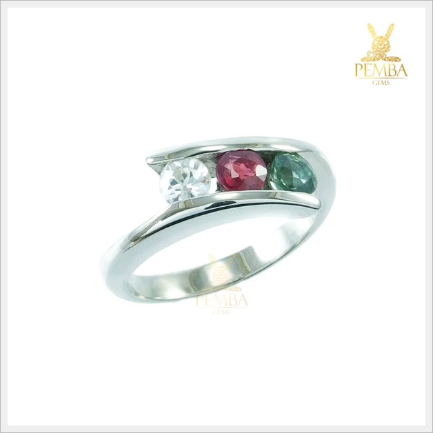 แหวนพลอย 3 สี เงินแท้925 ชุบทองคำขาว แหวนพลอยแท้