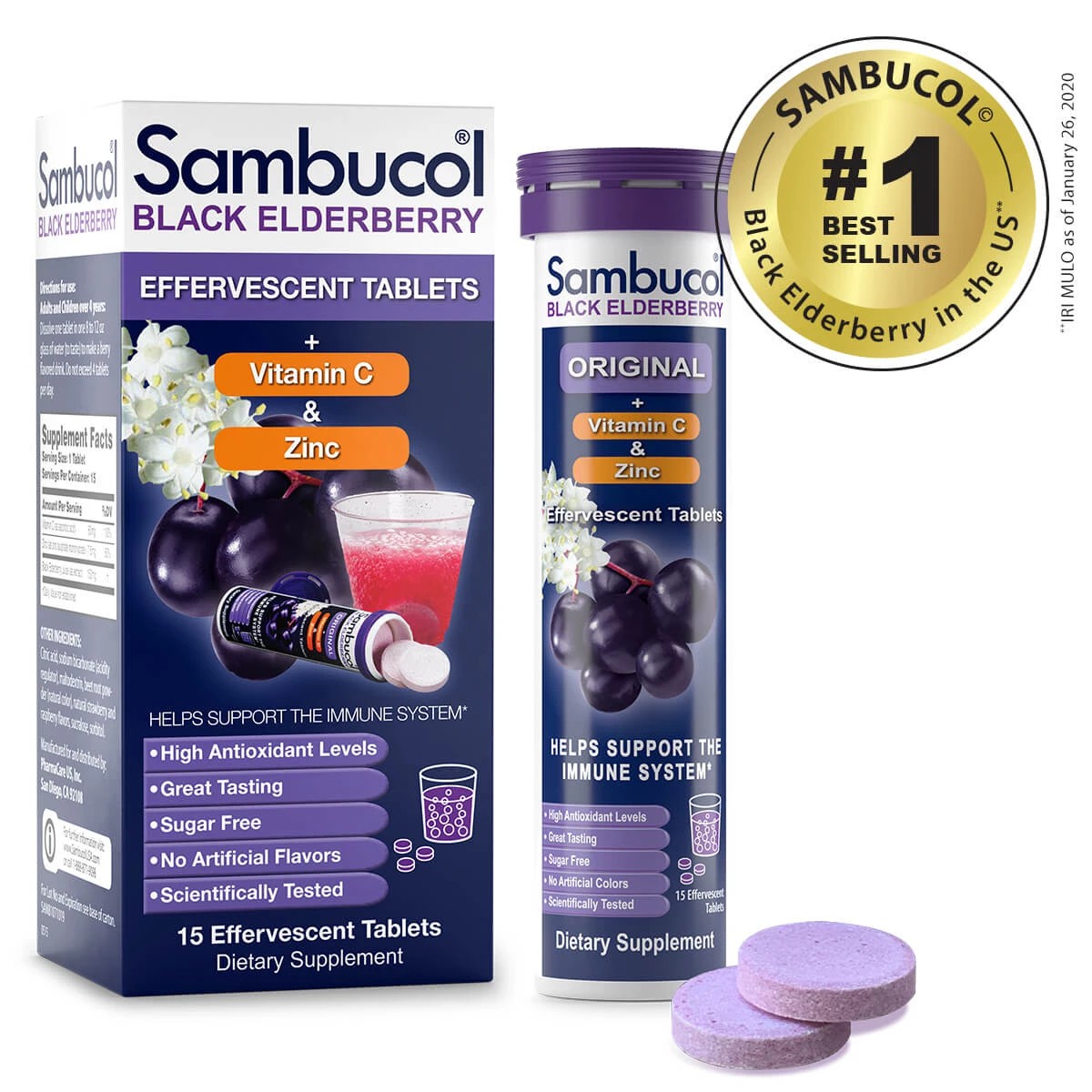 วิตามินเสริมภูมิคุ้มกันชนิดเม็ดละลายน้ำ Sambucol Black Elderberry Effervescent Tablets + Vitamin C & Zinc