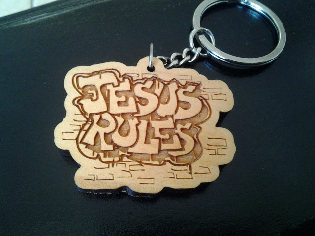 พวงกุญแจ ข้อความ "Jesus Rules"