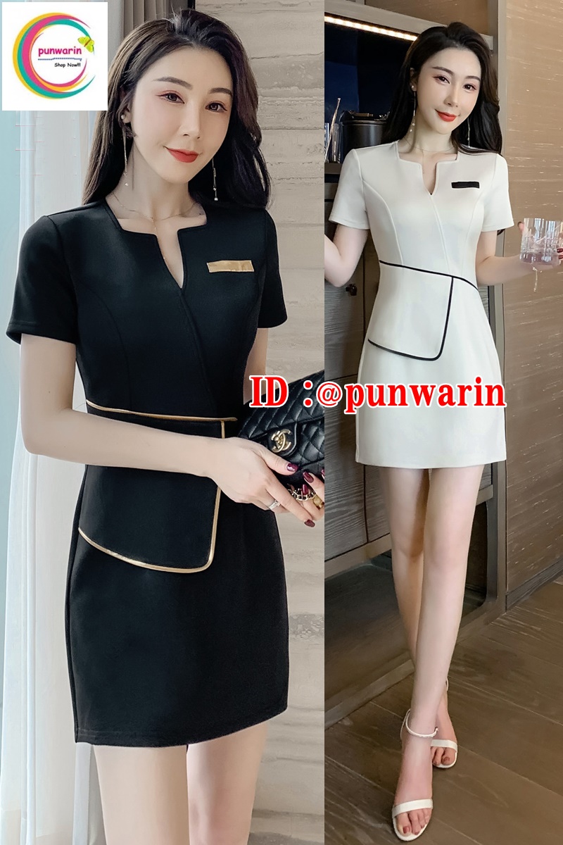 ชุดเดรสพนักงานคลีนิคความงาม ชุดนวดสปา ชุดพีอาร์ SR6405001 ขาว ดำ กรมท่า S-XXL