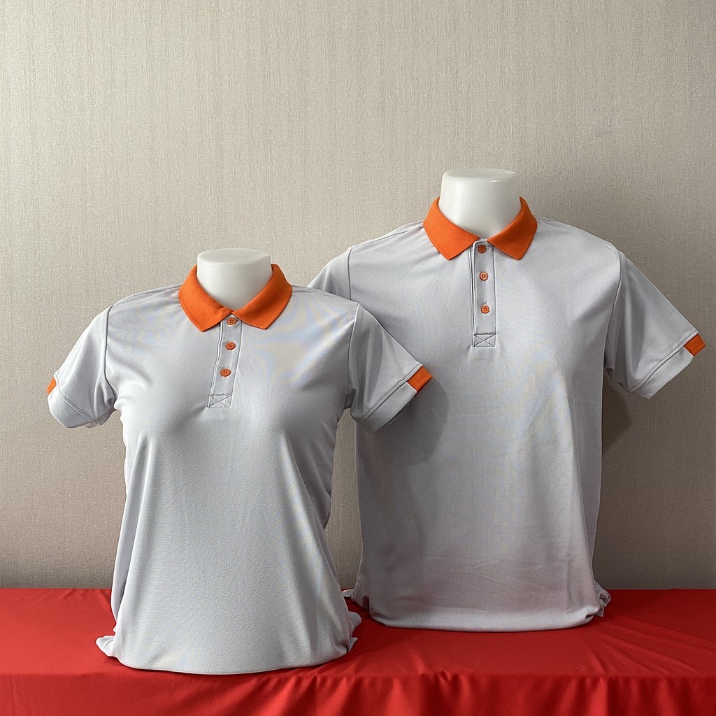 เสื้อฟอร์มพนักงาน เสื้อยืดปกโปโล เสื้อโปโลแขนสั้น สีเทาอ่อนปกส้ม พร้อมส่ง SKU-03005 สีภาพ S-2XL