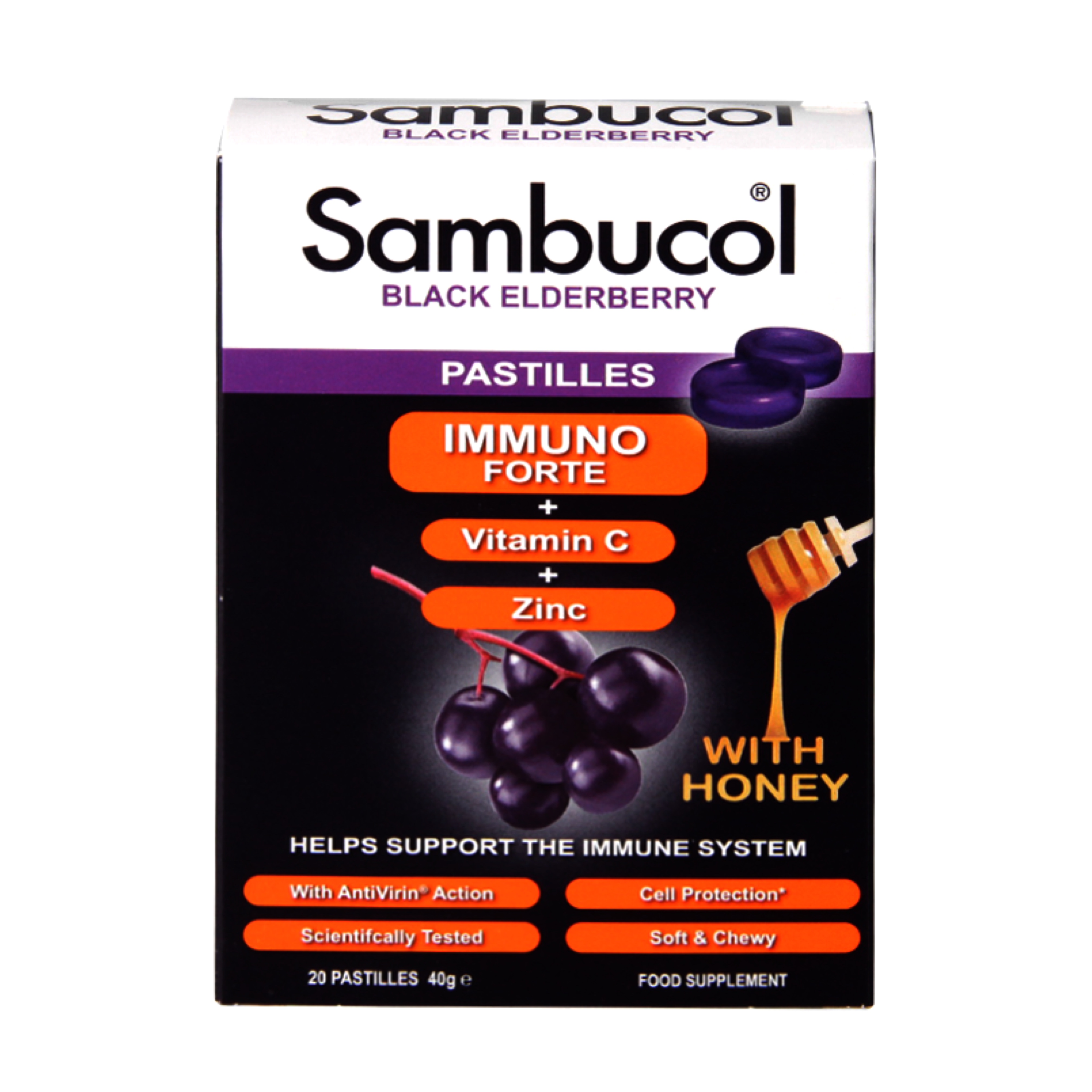 วิตามินเสริมภูมิคุ้มกันสำหรับเด็กโตและผู้ใหญ่ Sambucol Black Elderberry Pastilles IMMUNO FORTE + Vitamin C + Zinc