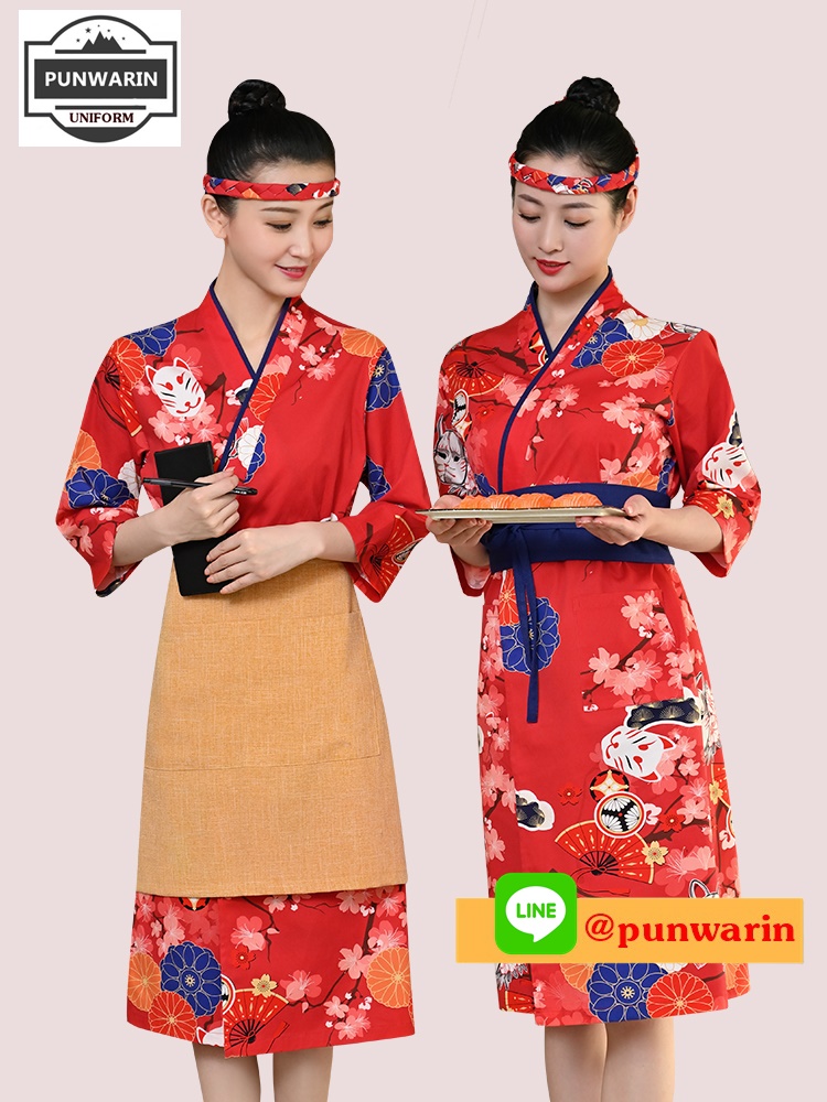 ชุดซูชิกิโมโนสไตร์ญี่ปุ่นเสริฟ สำหรับห้องอาหารญี่ปุ่นเกาหลีจีน เสื้อเชฟ พ่อครัว บริกร เสื้อซูชิ G6505012 สีภาพ S-2XL