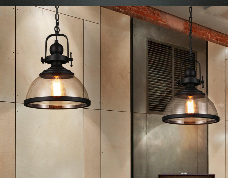 โคมไฟแขวนเพดานกระจกใสโครงสีดำ Iron Glass [GB3137]