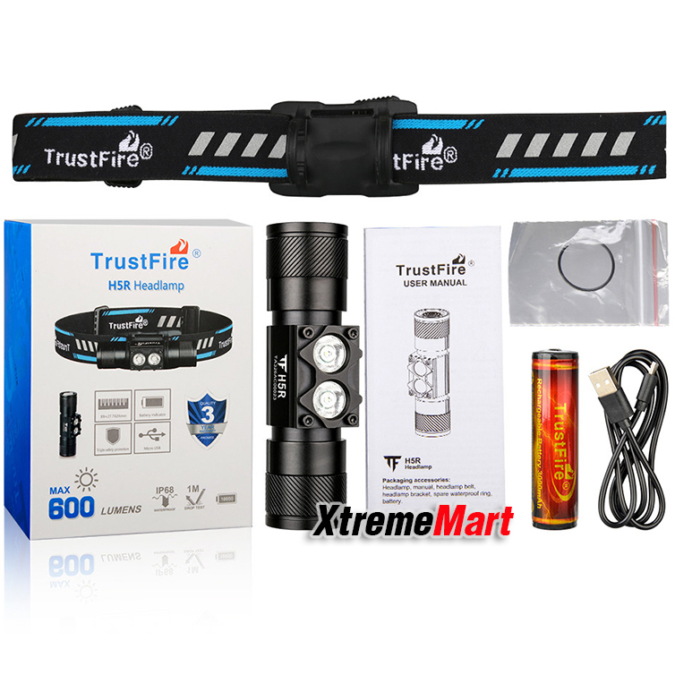 ชุดเซตไฟฉายคาดหัว TrustFire รุ่น H5R 2หลอด 600 Lumens 4โหมด พร้อมแบตเตอรี่และสายชาร์จ USB (ชุดละ)